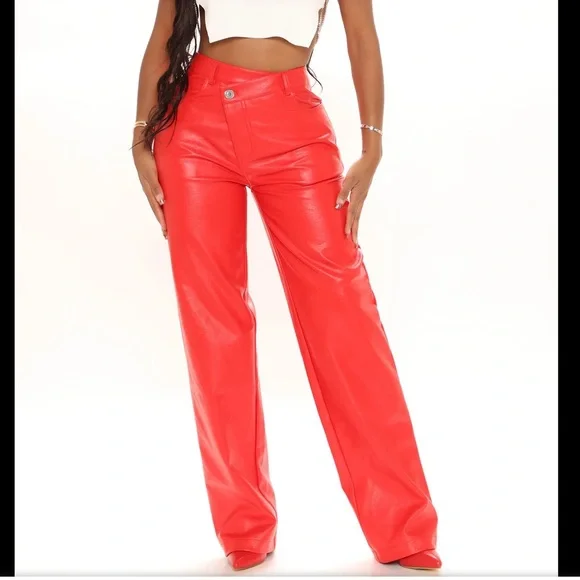Fashion Nova Pants Jumpsuits Red Leather Asymmetrical Waist